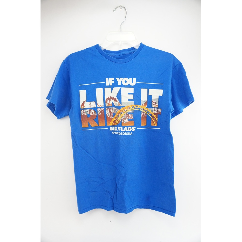 Six Flags Over Georgia T Shirt Medium Blue Roller Coaster If You Like It Ride It